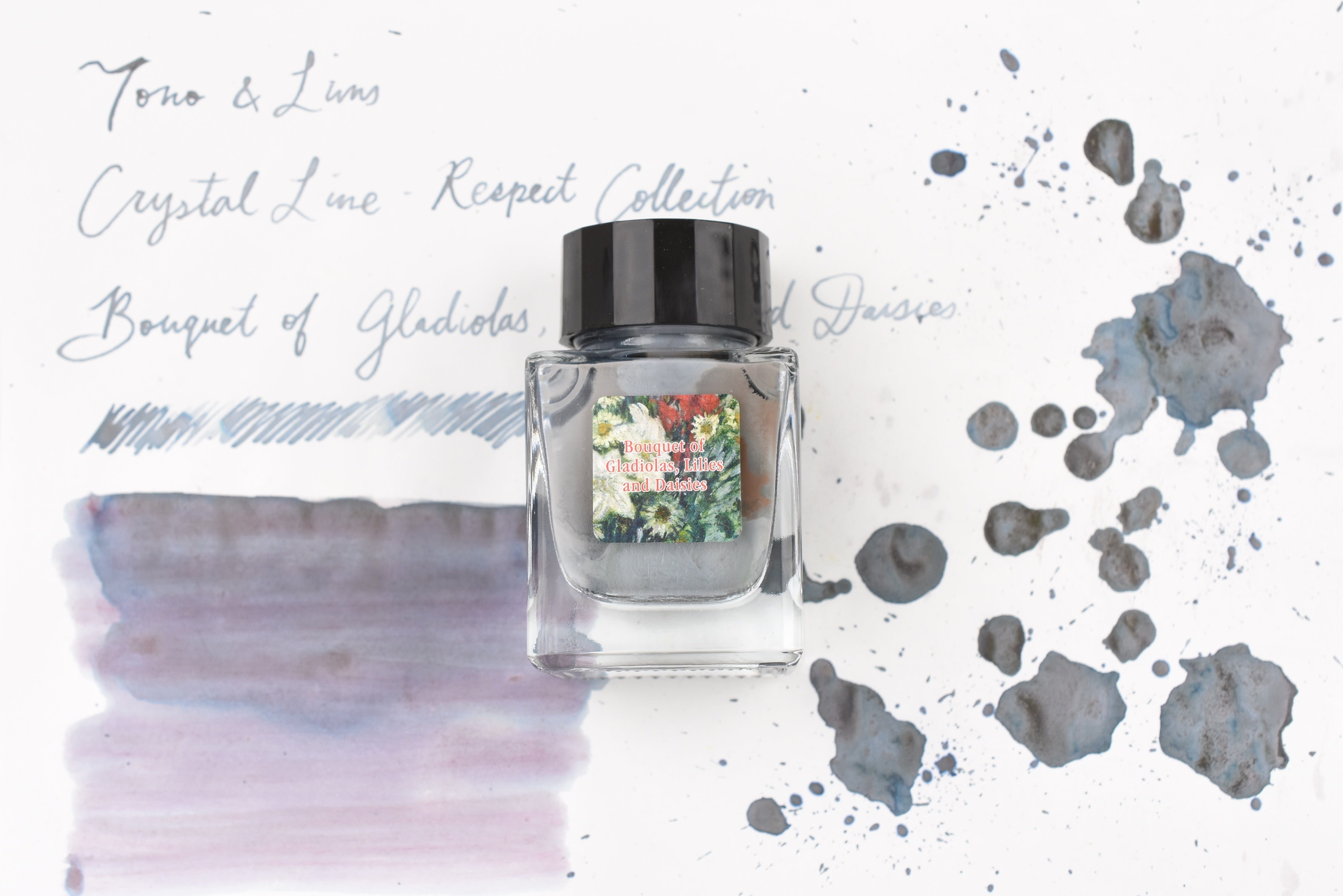 Tono & Lims Glass Pen Ink Bottle - Crystal Line - Respect Collection - Bouquet of Gladiolas, Lilies and Daisies - 30ml
