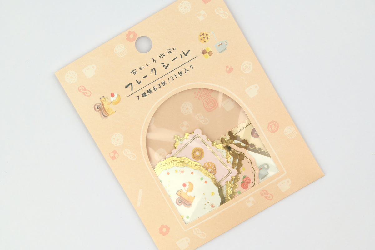 Ryu-Ryu x Honjo Ayako Flake Stickers - Pale Watercolor - Squirrel and Snacks