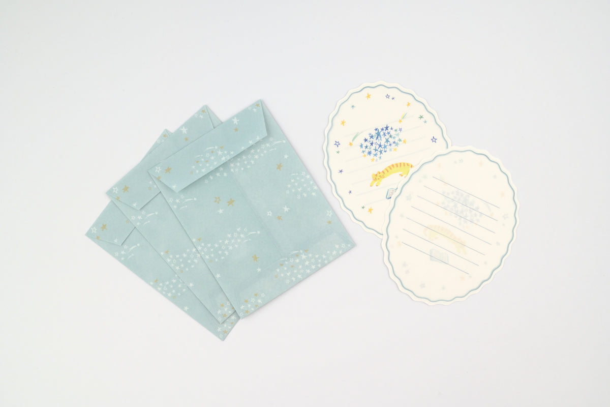 Ryu-Ryu x Honjo Ayako Mini Letter Set - Pale Watercolor - Cat and Stars