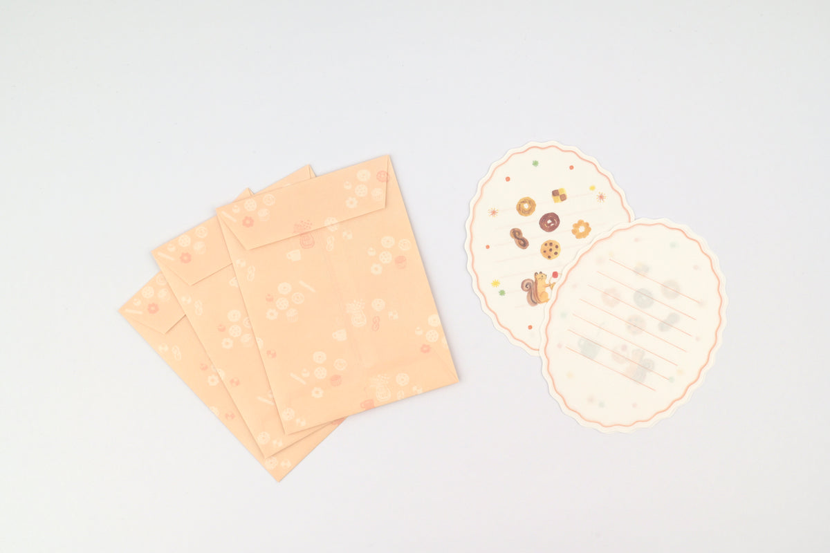 Ryu-Ryu x Honjo Ayako Mini Letter Set - Pale Watercolor - Squirrel and Snacks